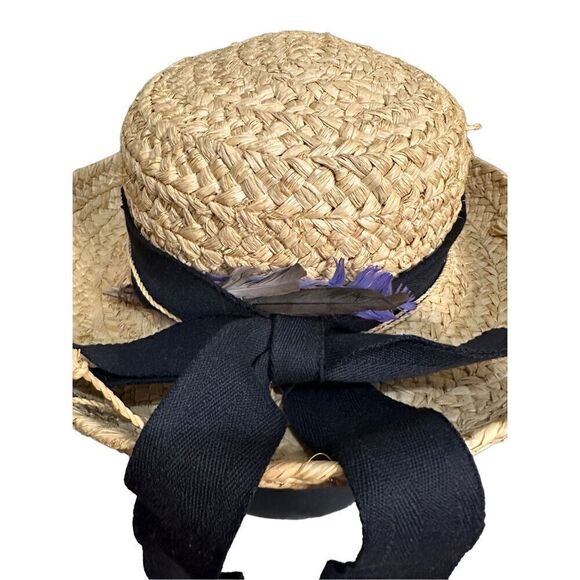 Vintage Scala Collection Woven Straw Hat Black Ribbon Trim Bow Feather Boho - Picture 6 of 10